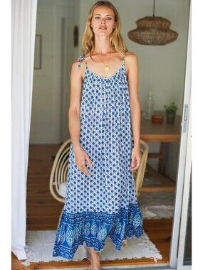 Emerson Fry India Collection Sundress Heritage Blue Flowers Cotton XS/S Maxi Dre